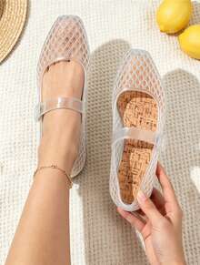 Women's Jelly Mesh Flats Breathable Clear Hollow Shoes Summer Beach Jellies Ballet Sandals - 無色 - 查看 3