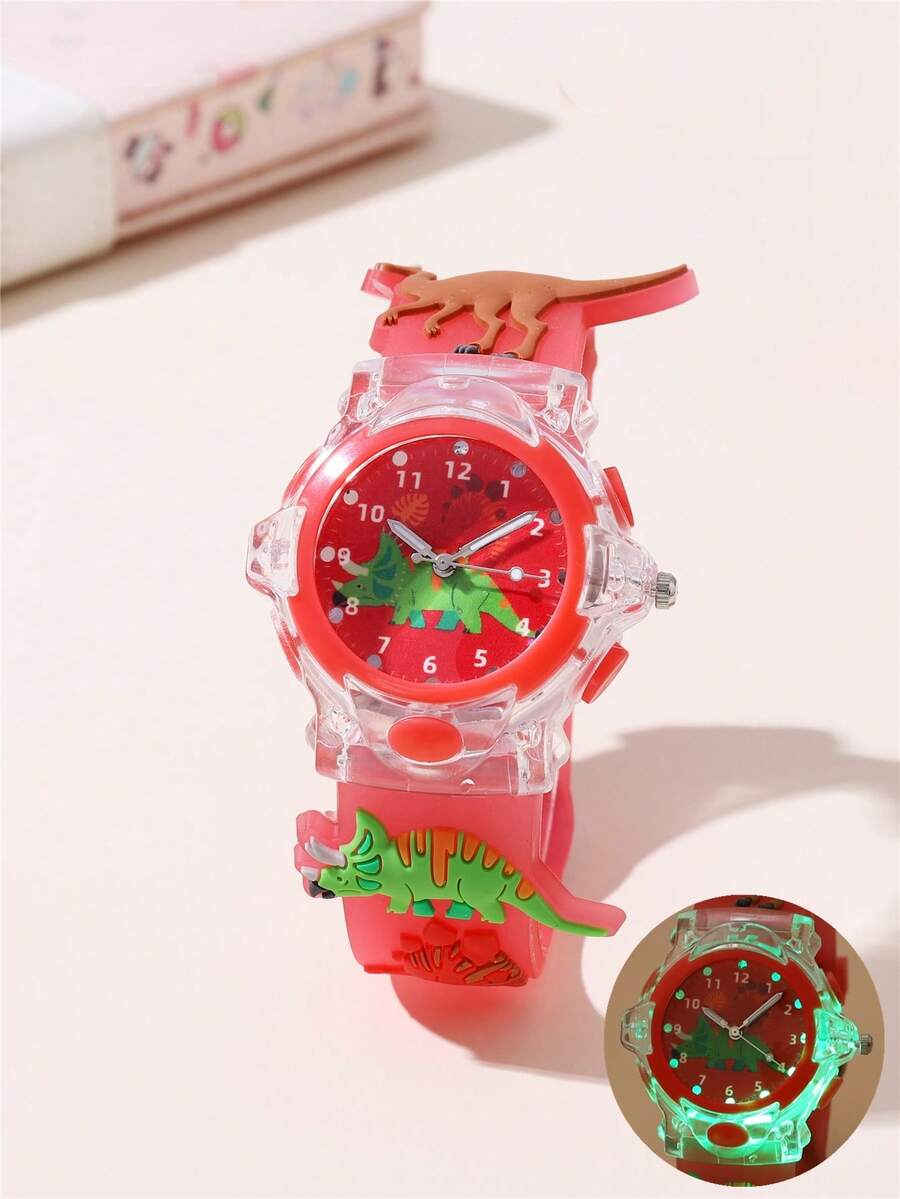 Cute Silicone Strap Dinosaur Pattern LED Light Quartz Cartoon Children Watch - Red - View 1