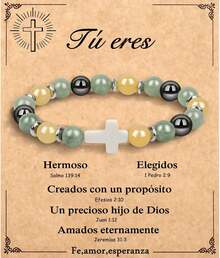 Pulseras de Abalorio para Mujer, Brazalete con dije de Cruz para mujer, Pulsera Cuentas Piedra Natural, Joyería de Regalo Para Cumpleaños, Pascua, bautizo, comunión, fiesta de bodas - Verde - Ver 1