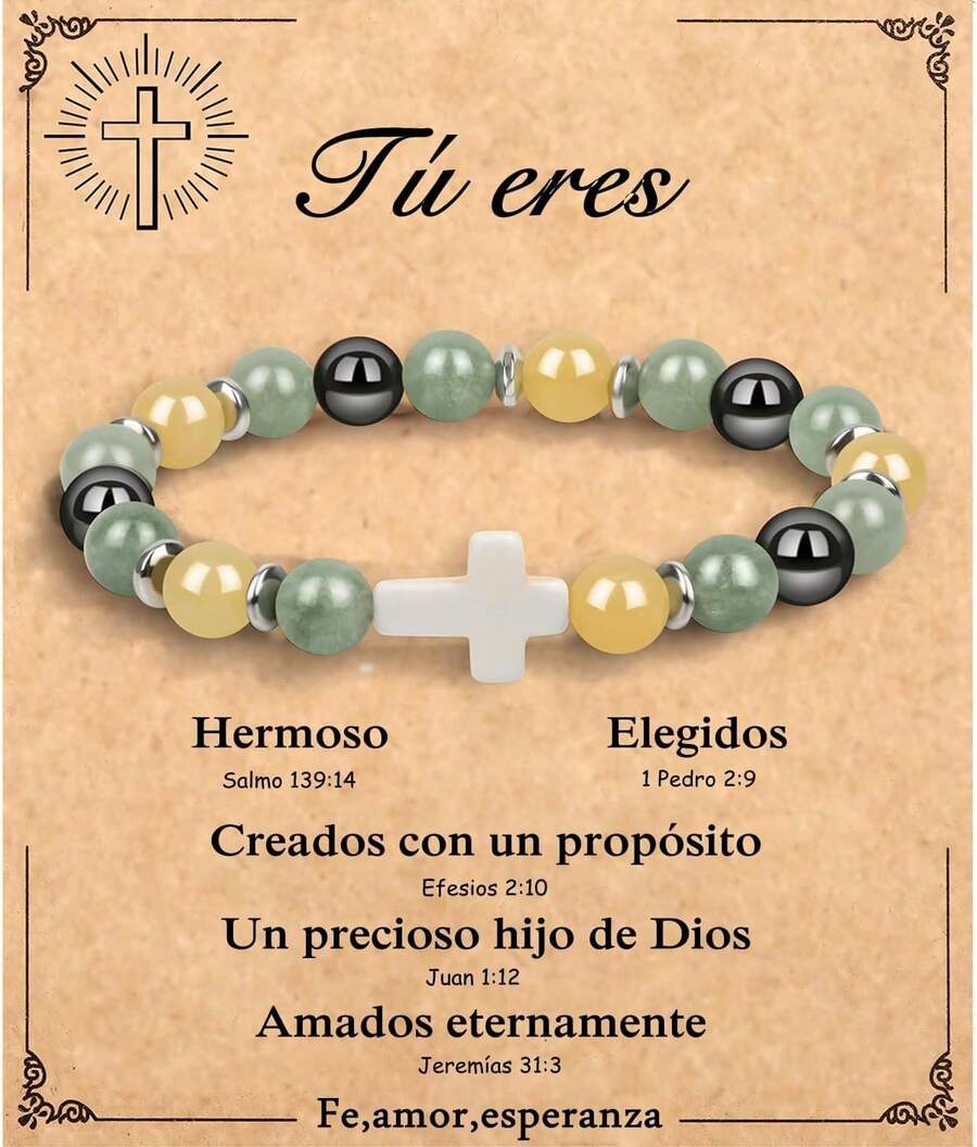 Pulseras de Abalorio para Mujer, Brazalete con dije de Cruz para mujer, Pulsera Cuentas Piedra Natural, Joyería de Regalo Para Cumpleaños, Pascua, bautizo, comunión, fiesta de bodas - Verde - Ver 1