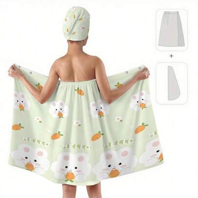 1/2pcs Cute Rabbit Theme Bathroom Decor Set, Including Bath Skirt, Bath Towel, And Shower Cap. Bath Skirt - Soft Polyester, Highly Absorbent Towel. 2 Pieces Wearable Bath Robe And Hair Towel Set, Suitable For Bathing, Sauna, And SPA, Essential For Bathroom, Beach Towel For Summer
