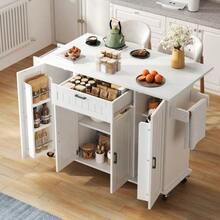 Kitchen Island With Fold-Down Worktop, Kitchen Trolley With Wheels, Kitchen Cabinet With 4  And 1 Drawer, Spice Racks Integrated Into The  , Double-Sided Towel Rails, White, 120*45(70)*95 - White - View 2