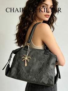 CHAIKA & KILTER 纯色PU布单肩包，女士复古休闲大容量手提包，大学生书包，铆钉装饰，双提手设计，拉链封口，适合日常购物 - 黑色 - 查看 3