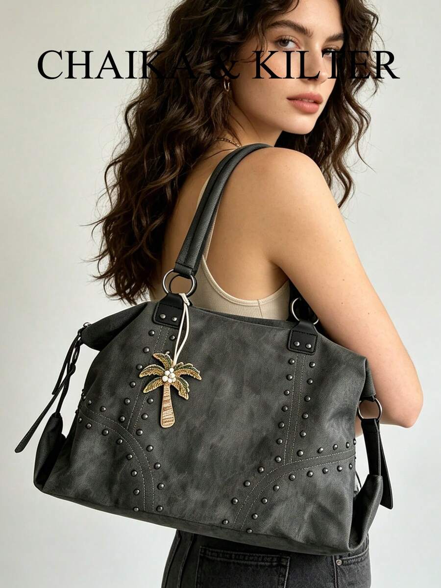 CHAIKA & KILTER 纯色PU布单肩包，女士复古休闲大容量手提包，大学生书包，铆钉装饰，双提手设计，拉链封口，适合日常购物