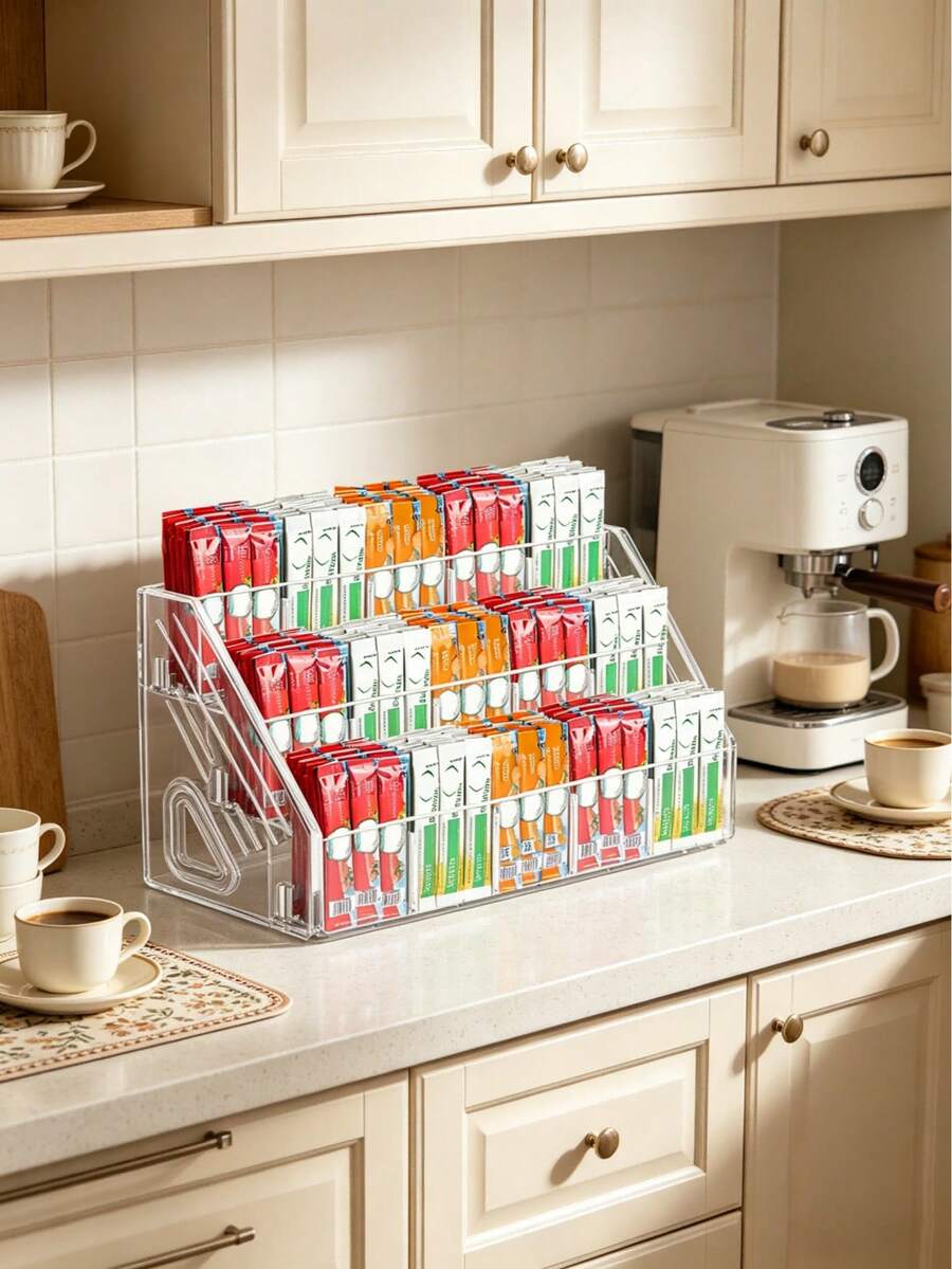 1pc 3-Tier 15-Slot Beverage Packaging Storage Rack, Organic Acrylic Material, Suitable For Fruit-Flavored Beverage Powder, Suitable For Kitchen Cabinets, Countertops, Storage Rooms - Transparent - View 1