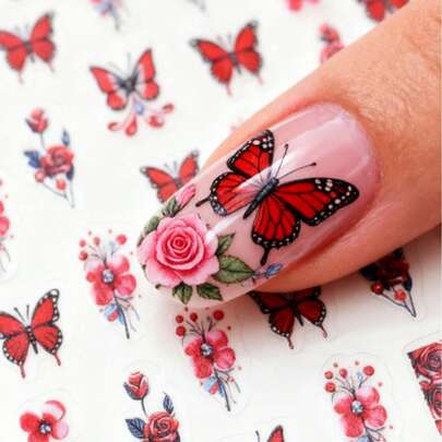 1片红色蝴蝶花朵浮雕美甲贴纸，春季主题，亮泽效果，不对称形状，适合女性美甲用品