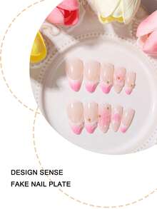 24pcs Almond-Shaped Nude Pink French Wearable Nails Set, Gentle & Brightening, Includes 1 File And Gel, Suitable For Women Office, Spring Outing - Multicolor - View 3