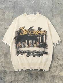 ANDREILEE Spring/Summer New European And American Portrait Graphic Band Rock Punk Distressed High Street Design Short Sleeve Knit Top - Apricot - View 2