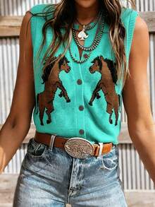 Versatile Women's Western Animal Print Color Block Horse Pattern Button Front Round Neck Sleeveless Knit Cardigan Vest, Everyday Wear Vacation - Mint Blue - View 1