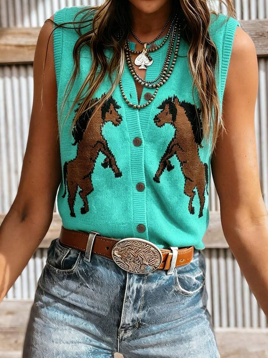 Versatile Women's Western Animal Print Color Block Horse Pattern Button Front Round Neck Sleeveless Knit Cardigan Vest, Everyday Wear Vacation - Mint Blue - View 1