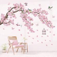 Pink & Green Tree Branch Wall Stickers, Decorative Spring/Summer Sakura Scenery For Bathroom, Bedroom, Living Room - Multicolor - View 3