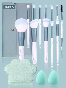 16pcs Makeup Brush Set, Includes 12 Makeup Brushes, 2 Water Drop Makeup Sponges, 1 Cat Paw Facial Cleansing Pad, 1 Makeup Storage Bag, Soft Synthetic Fiber, Cruelty-Free, Suitable For Women, Students, Daily Makeup, Birthday Gift - White - View 9