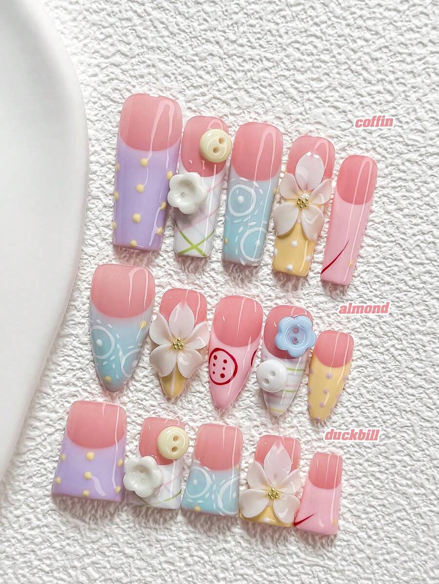 10Pcs Playful And Sweet Style Handmade Nail Art Set,Unghie Press On,Piggy Nose, Button Nail Art Accessories,Hand Sculpted White Five Petal Flowers And Polka Dots Nail Art Decorations,Blue, Yellow, Pink, Green, White And Purple Nail Polish,Fresh, Fairytale Style,Comes With Nail Tools(1 Sheets Jelly Stickers+1PC Nail File)3 Sizes Available,Almond Nails, Duck Nails,Coffin Nails,Suitable For Reunion,Daily,Party,Photograph,Play,Spring Summer,Commute Supplies Nails - Nhiều màu - Xem 1