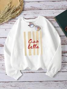 Women's Round Neck Sweatshirt, Sweet And Fresh Knitted Sweatshirt With Graphic Print, Long Sleeve - White - View 2