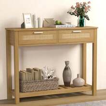 Console Table With 2 Rattan Drawers Boho Entryway Table With Storage Shelf, Narrow Wood Small Console Table For Entryway, Hallway, Living Room, Foyer - Default - View 3