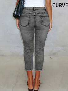 Jeans capri à taille élastique simple pour femmes grandes tailles, polyvalents et décontractés pour l'été - Gris pâle - Voir 4
