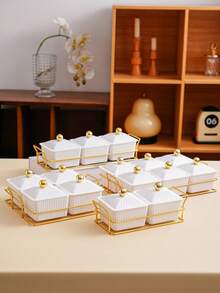 1 Set Square Plate Snack Dish On Gold Tray, Tray Set For Snacks, Candy, Dried Fruit, Cookies, Suitable For Holidays, Celebrations, Weddings, Parties - White - View 3