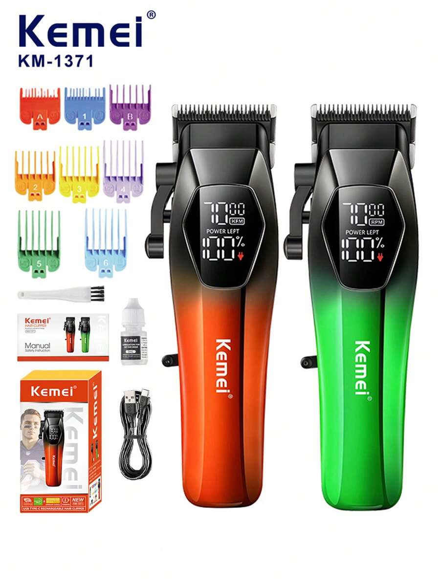 Kemei KM-1371 专业电动理发器，沙龙级，C 型充电，持久耐用，多档可调不锈钢刀片，智能显示屏，家用胡须及头发修剪器