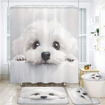 1/3/4件套可爱白色马尔济斯犬浴帘套装，100%涤纶材质，防滑，可机洗，包含浴垫、马桶盖套和12个挂钩，浴室装饰，圣诞节礼物之选
