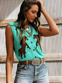 Versatile Women's Western Animal Print Color Block Horse Pattern Button Front Round Neck Sleeveless Knit Cardigan Vest, Everyday Wear Vacation - Mint Blue - View 5