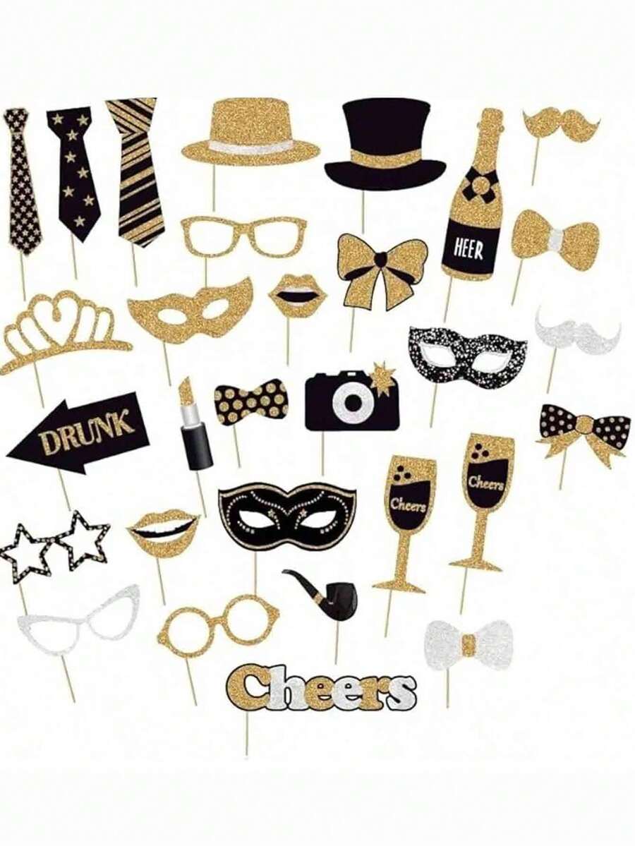 1/30pcs Black & Gold Funny Photo Booth Props, Makeup Party Handheld Photo Frame, Easy To Assemble Party Photo Booth Accessories, Suitable For Birthday, New Year, Graduation Ceremony, Anniversary Photography, Black & Gold Graduation Decor - Multicolor - View 1