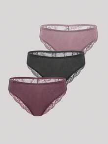 Hourtrue 3pcs/Set Solid Color Lace Patchwork Hollow Out Spaghetti Strap Sexy & Romantic Ladies Underwear - Multicolor - View 1