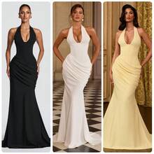 2026 Summer New Women's Fashion Elegant Temperament Long Dress Gentle Style Halter Neck Gown Deep V Halter Waist Pleated Slim Fit Train Dress Evening Party Date Dress For Women - 黑色 - 查看 2