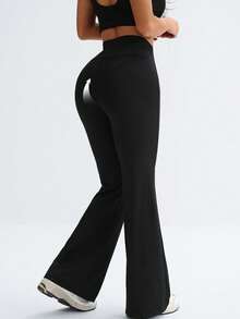 1条喇叭形瑜伽紧身裤，显瘦拉长腿部线条，高腰阔腿运动裤 - 黑色 - 查看 3