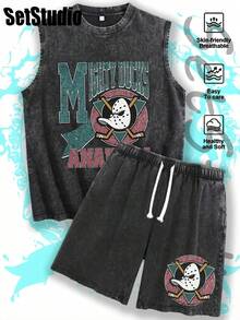 Mens 2 Piece Y2K Style Street Fashion Graphic Tees Sleeveless Wash Tank Tops And Shorts Set With Mighty Ducks Anaheim Vintage Graphic Design For Casual Summer Wear Couple Look Skin Friendly Breathable Easy To Care Healthy And Soft Outfit For Valentines Day St Patricks Day Easter Carnival Back To School Season Gifting - 黑色 - 查看 1