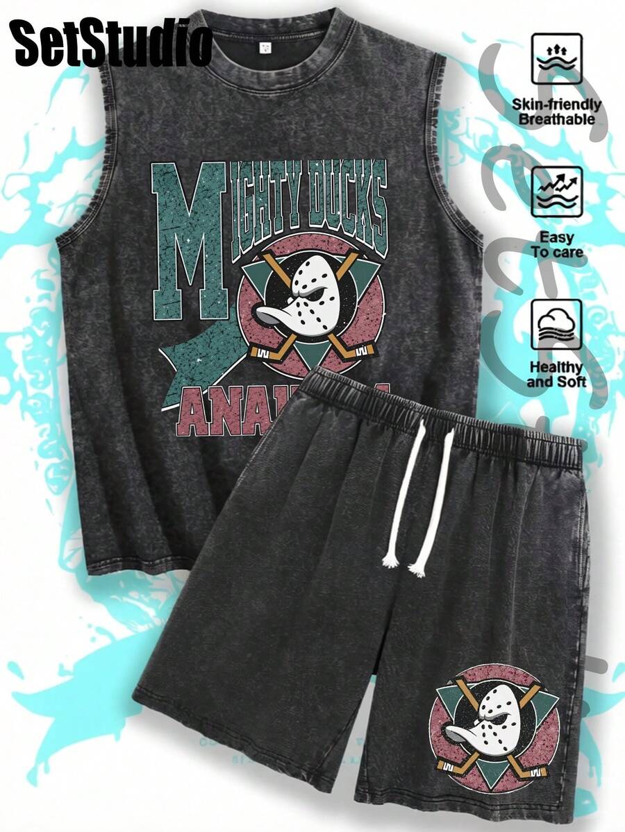 Mens 2 Piece Y2K Style Street Fashion Graphic Tees Sleeveless Wash Tank Tops And Shorts Set With Mighty Ducks Anaheim Vintage Graphic Design For Casual Summer Wear Couple Look Skin Friendly Breathable Easy To Care Healthy And Soft Outfit For Valentines Day St Patricks Day Easter Carnival Back To School Season Gifting - 黑色 - 查看 1