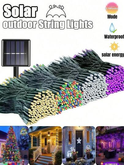 Bộ 1 đèn dây LED năng lượng mặt trời 20/50/100/200 bóng, 8 chế độ chiếu sáng, Trắng ấm/Trắng/Màu/Tím, Chống nước IP65, Đèn trang trí Giáng sinh năng lượng mặt trời, Thích hợp cho vườn, cây cối, sân, ngày lễ, tiệc tùng, hàng rào cắm trại, nhà cửa, trang trí Giáng sinh & Halloween, Mọi mùa, Trong nhà/Ngoài trời