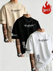 3 paquetes de camisetas de manga corta de cuello redondo con estampado de eslogan, de corte slim y cómodas, para hombre, de verano - Multicolor - Ver 1