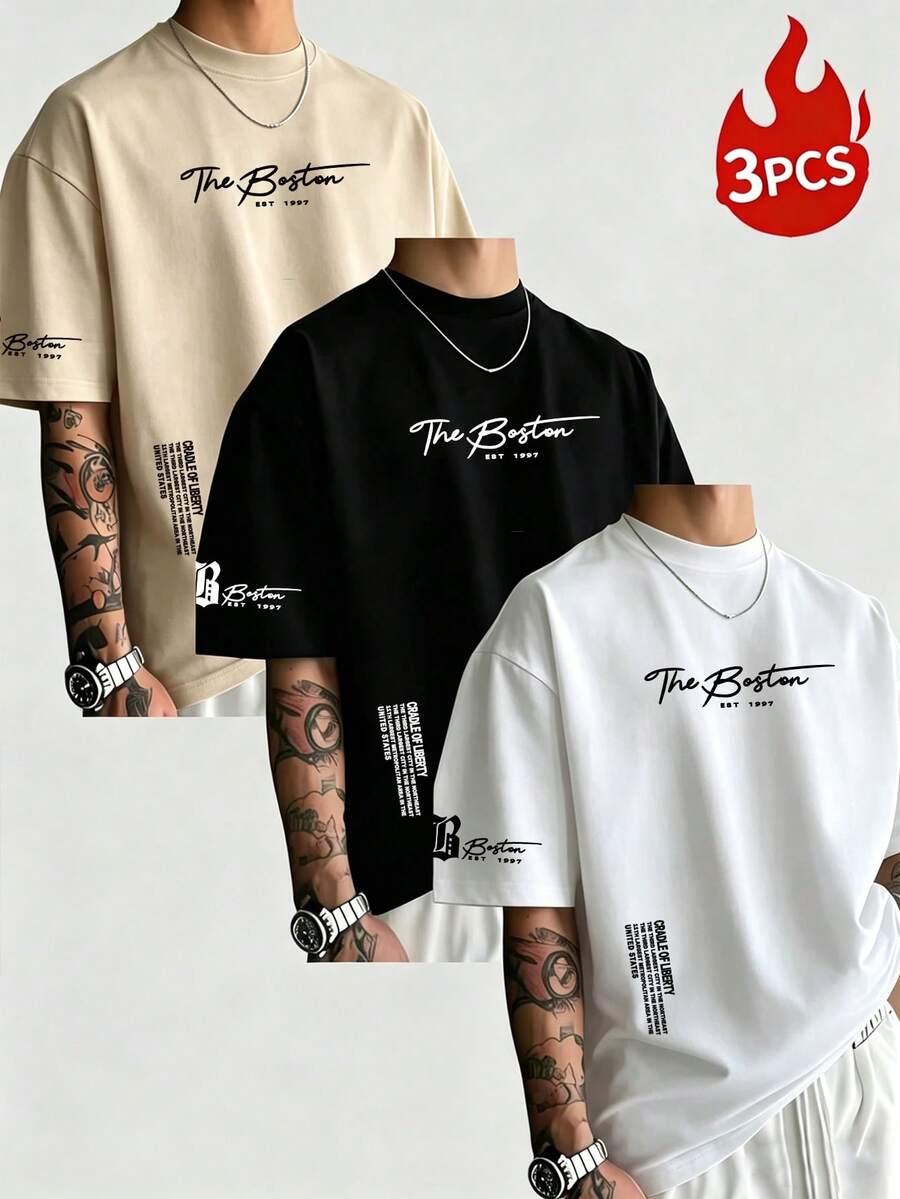3 paquetes de camisetas de manga corta de cuello redondo con estampado de eslogan, de corte slim y cómodas, para hombre, de verano - Multicolor - Ver 1
