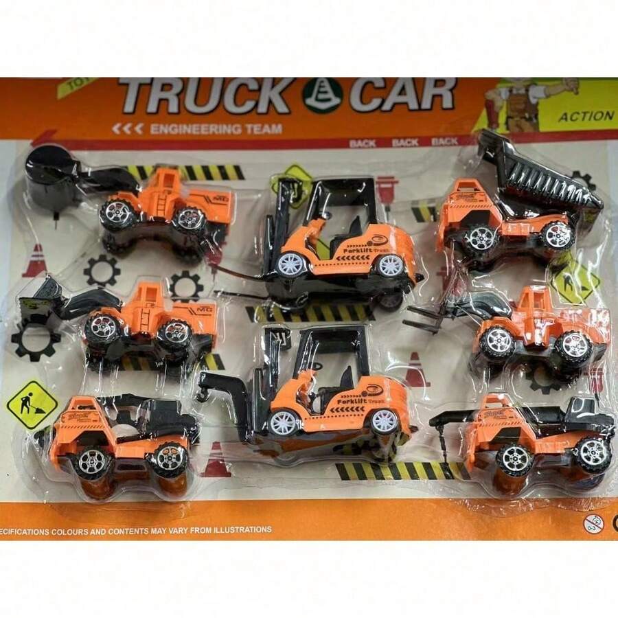 kit 8 Peças brinquedo, fricção.ROLLER/FORKLIFT/DUMP TRUCK/BULLDOZER/EXCAVATOR/MIXER TRUCK/Empilhadeira/Guindaste - Laranja - Visão 1