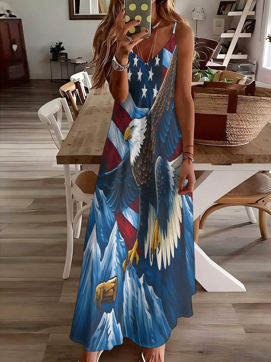 Am-Erican Eagle And Flag Women's 3D Print Spaghetti Strap Maxi Dress, Comfortable Fabrics Casual V-Neck Long Dress Summer And Spring Outfits - 混合色 - 查看 1