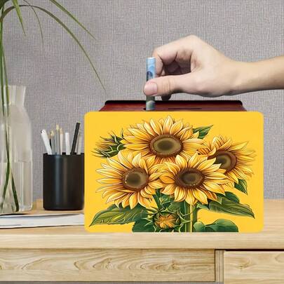 1 st handgjord spargris i trä med solrosmotiv - varm levande ljusdesign - mörkbrun återanvändbar sparbössa - lämplig för heminredning, kontorsinredning och bröllopspresenter