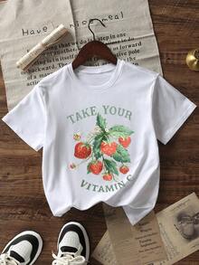 Áo thun nữ mùa hè in hình dâu tây và vitamin C dáng rộng, cổ tròn, tay ngắn, kiểu dáng thường ngày, màu trắng. - trắng - Xem 7