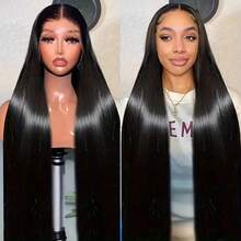 34英寸 1B# 13x4 蕾丝前假发 200% 密度 蕾丝前假发 混合真人发 预先拔毛 直发 高清蕾丝前假发 女士 - 自然色&黑色系 - 查看 4