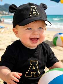 1pc A-Z Letter Soft Breathable Adjustable Cute Bear Ear Baseball Cap, Suitable For 6 Months - 3 Years Old Toddlers, Spring/Summer Outdoor Activities - Black - View 5