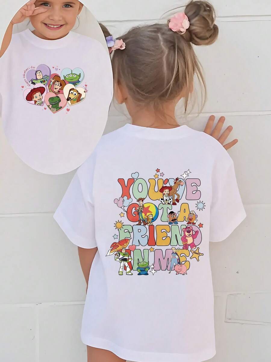 Disney Toy Story Characters Double-Sided Printed Pattern T-Shirts For Girls - Children's Clothing Design Short-Sleeved Casual And Cute Style Comfortable And Casual Wear All Year Round Suitable For Parties And Play Machine Washable Gift Children's Clothing Girls' Short-Sleeved Shirts - 白色 - 查看 1
