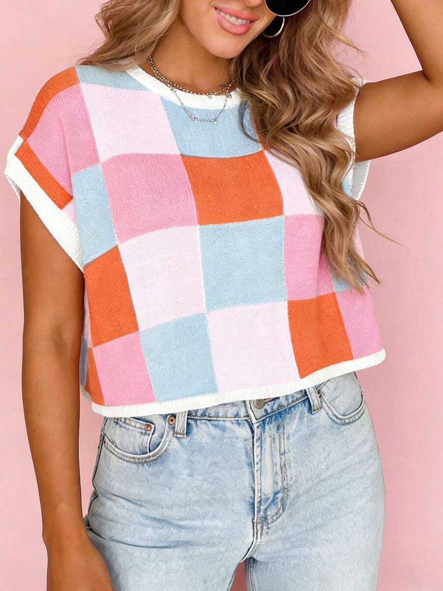 Blusa corta de mujer Marysol con estampado de cuadros de colores, cuello redondo, manga corta, diseño de contraste de color en bloques, manga de murciélago, tejido de parche, suéter de punto elegante para primavera/verano/otoño/invierno - Multicolor - Ver 1