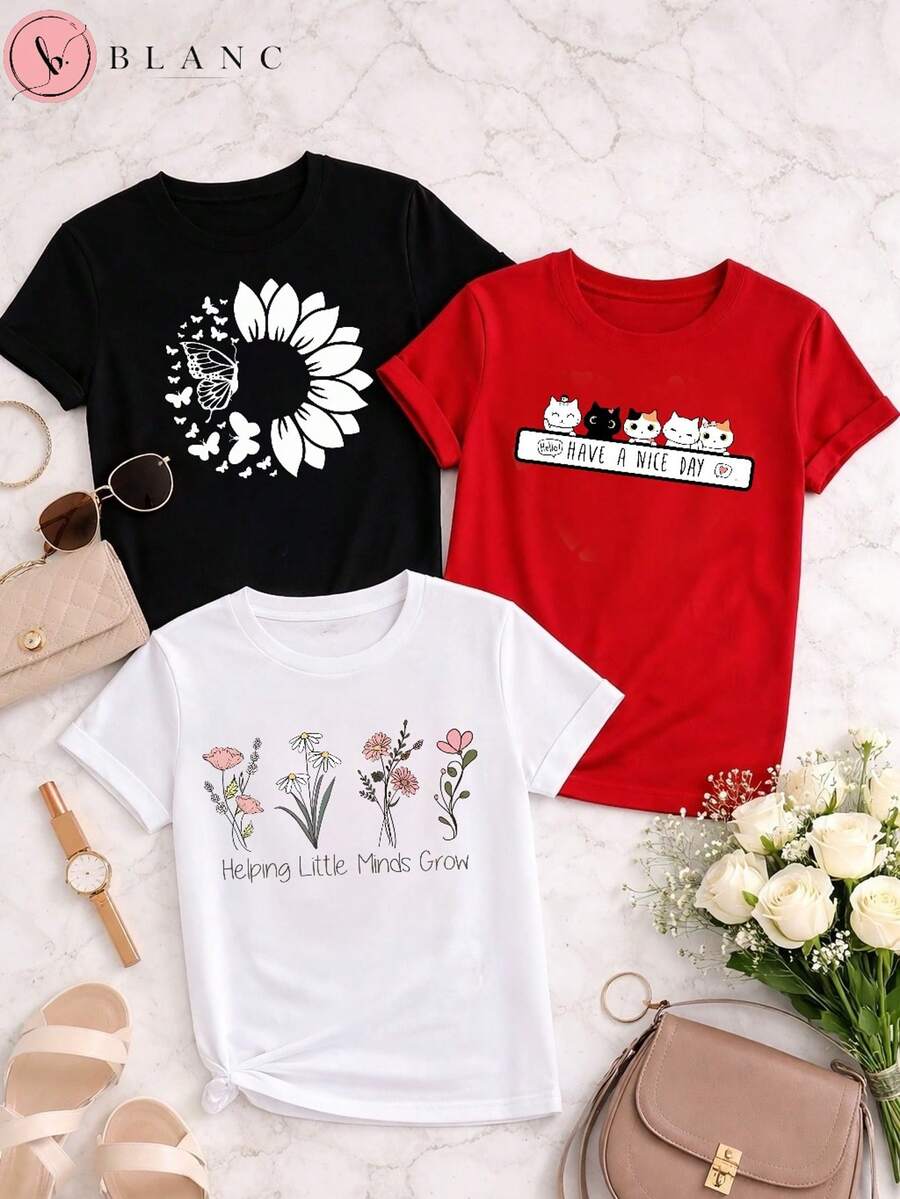 Set Of 3 Blouses With Kitten, Flower, Heart, And Animal Print - - 100% Cotton - Plus Size. - F/BLACK/WHITE/MARSALA - View 1