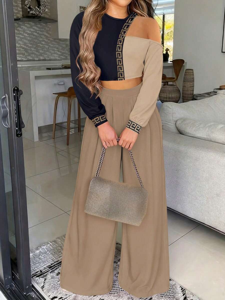 Set de 2 piezas de camiseta de manga larga con cuello redondo y pantalón de pierna recta estampados, de estilo casual y ajustado para mujer, para verano y primavera - Albaricoque - Ver 1