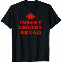 Unisex T-shirt INSERT CHEESY BREAD, 100 % bomull, röd bokstav och röd pildesign, korta ärmar, rund hals, avslappnad, humoristisk mattema. - Vitt - Visa 2