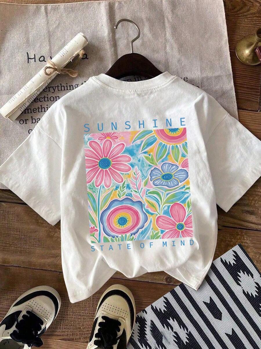 [Cotton T-Shirt] Tweed Girl Colorful Floral Print Pullover Crew Neck T-Shirt, Spring/Summer/Autumn Student Young Children's Short-Sleeve Top - Perfect For Play And Casual Outings. A Fun And Colorful T-Shirt That Inspires Every Child's Imagination. Suitable For Sporty Girls' Everyday Wear, Street Style, And School Uniforms. - trắng - Xem 1
