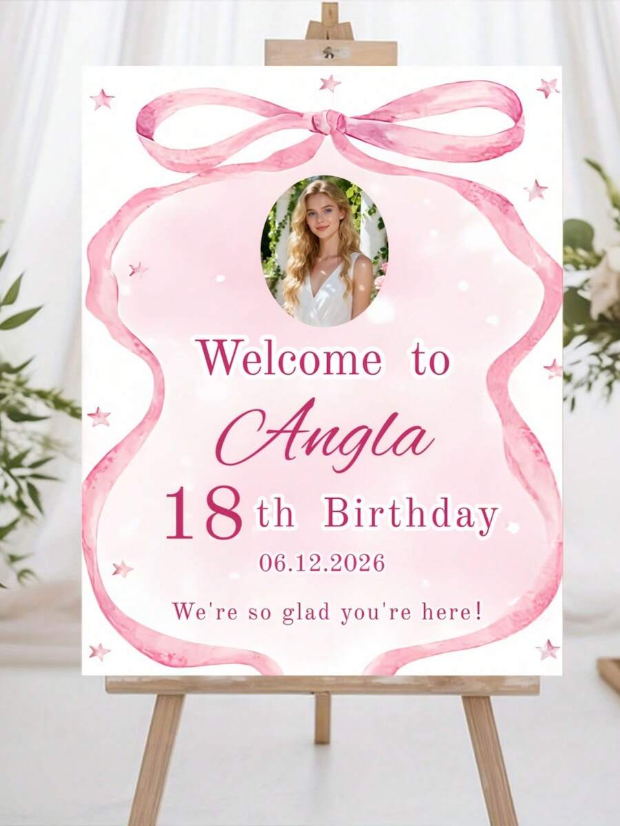 Personalized Birthday Welcome Poster Decoration - Customized Photo Name Date Party Decor With Pink Ribbon Bows And Pink Polka Dots, Perfect For Room Decor - Multicolor - View 1