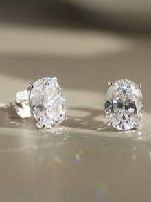 ORSA JEWELS 1對925純銀耳釘，鑲嵌1顆閃耀橢圓切立方氧化鋯，永恆閃爍，女性珠寶的精美選擇，適合特殊場合、生日或慶祝活動 - 無色 - 查看 7