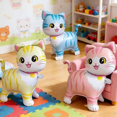 2/3/6pcs Standing Walking Pink/Blue/Yellow Cat Shaped Balloons, For Birthday Party Decoration, Gathering Event Gift, Indoor/Outdoor Room Decor Animal Balloons