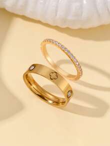2pcs 18K Gold Plated Stainless Steel 4-Leaf Clover Rings, Elegant Women's Bracelet Jewelry, Suitable For Daily Wear And Gift - Multicolor - View 8