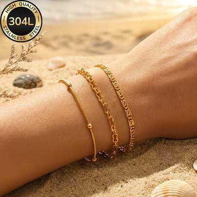 Bộ 3 vòng tay nữ bằng thép không gỉ 304L mạ vàng 18K, bộ trang sức thép không gỉ thanh lịch, vòng tay vàng, bộ trang sức nữ, phụ kiện đi biển, quà tặng Ngày của Mẹ, quà tặng cho phái nữ, quà tặng Ngày của Mẹ (nữ), trang sức thép không gỉ